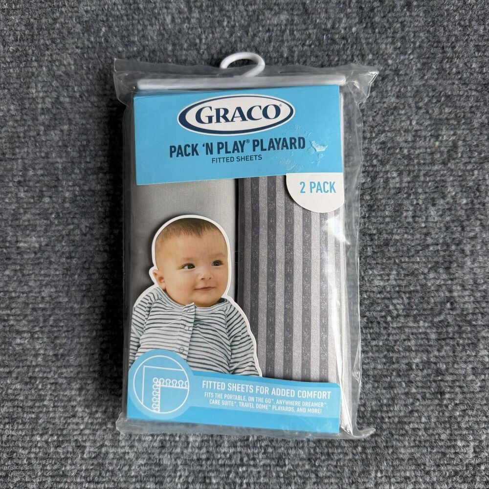 Graco Pack ’n Play Playard Fitted Sheets 2 Pack Stripes Gray 39” x 27” New